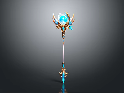 Ornate Magic Staff With Glowing Blue Crystal And Golden Wing Decorations 3d model