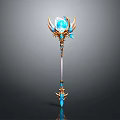 Ornate Magic Staff With Glowing Blue Crystal And Golden Wing Decorations