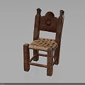 Vintage Wooden Chair With Carved Sunflower Backrest And Woven Seat Design