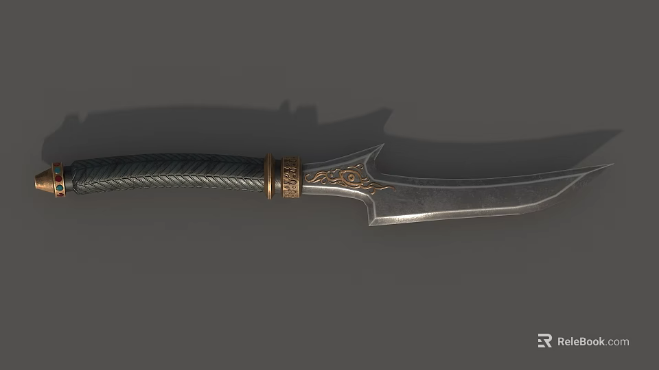 Decorative Weapon Dagger With Dark Braided Handle Golden Ornate Ring And Silver Sharp Blade 3d model 