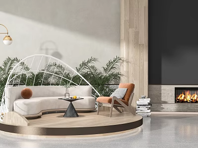 Modern Sofa Coffee Table Set With Green Plants Fireplace Accent Chair And Floor Lamp 3d model