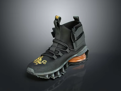 Black Modern Lifestyle Sneakers Featuring Yellow Logo And Thick Sole Design 3d model