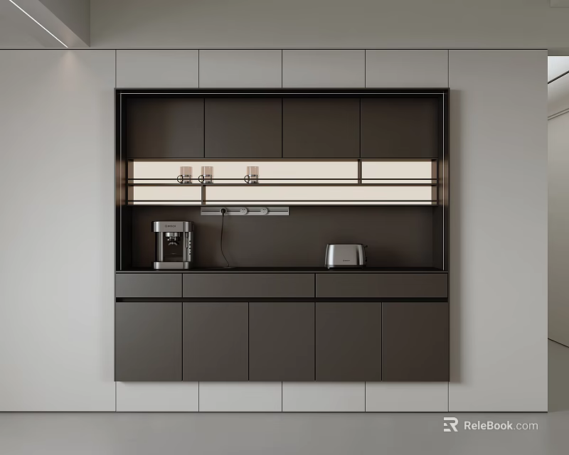 Modern Restaurant Interior Design With Open Layout Black Cabinets And Appliances 3d model 