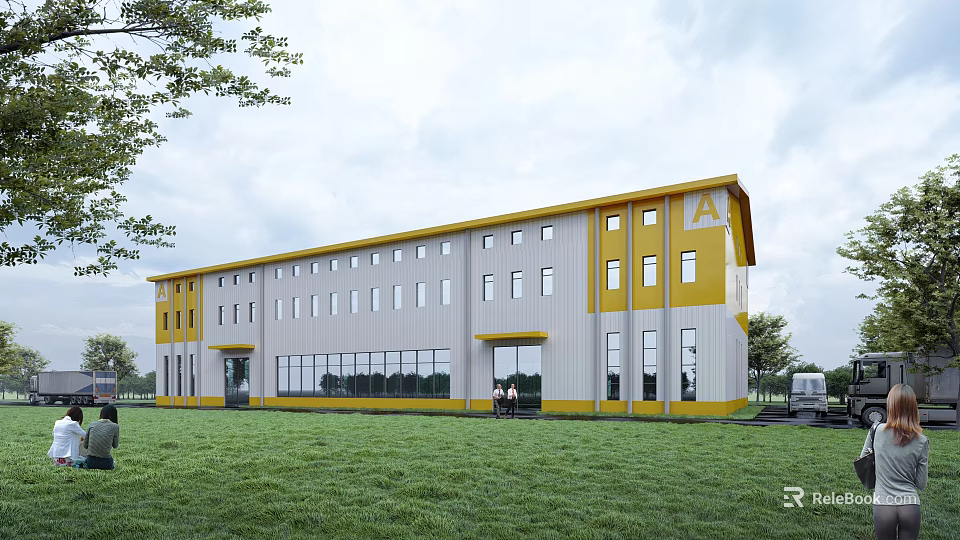 Modern Industrial Factory Building With Yellow Gray Exterior And Large Windows On Green Lawn 3d model 