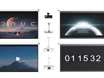 Projection Monitoring Featuring Projectors And Screens Displaying Various Scenes Such As Landscapes And Digital Clocks 3d model