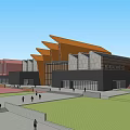 Modern Commercial Complex With Geometric Roof Design Glass Facade And Urban Retail Space