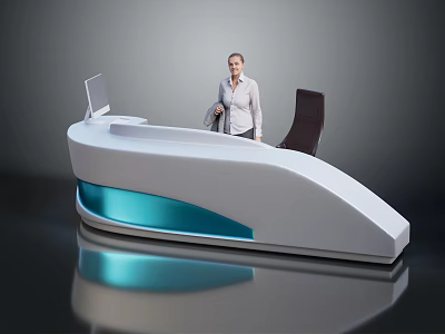 Modern White Reception Desk Design With Curved Shape Sleek Surface And Blue Accents 3d model