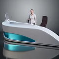 Modern White Reception Desk Design With Curved Shape Sleek Surface And Blue Accents