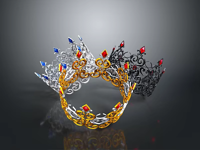 Ornate Gold Silver Black Crown Jewelry With Red Blue Gems And Intricate Curly Patterns 3d model