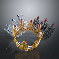Ornate Gold Silver Black Crown Jewelry With Red Blue Gems And Intricate Curly Patterns