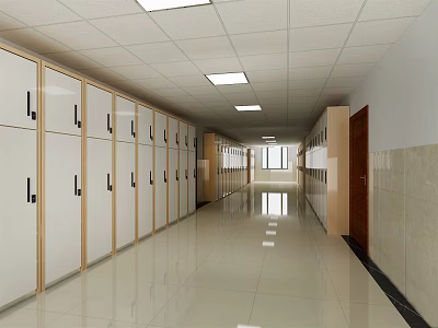 Long School Corridor With Row of Lockers Tile Floor Ceiling Lights Wooden Door and Window 3d model