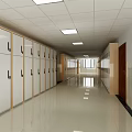 Long School Corridor With Row of Lockers Tile Floor Ceiling Lights Wooden Door and Window