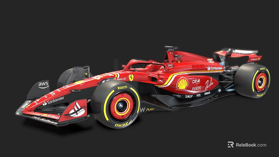 Red Ferrari F1 Racing Car With Sponsor Logos And Pirelli Tires 3d model 