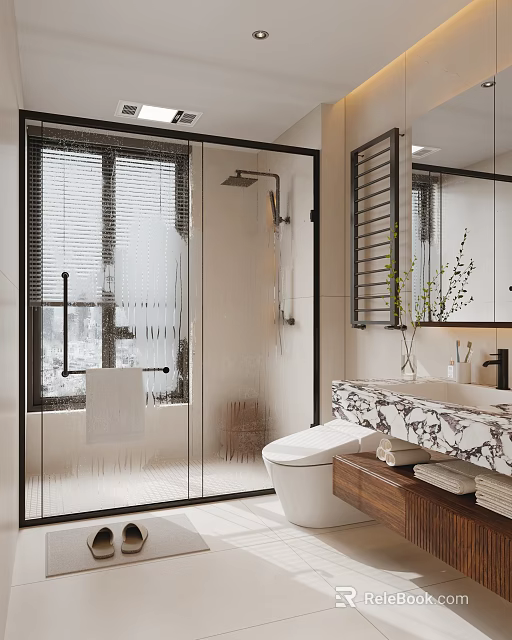 Modern Bathroom Interior Design With Glass Shower Enclosure Toilet Marble Vanity And Decorative Plants 3d model 