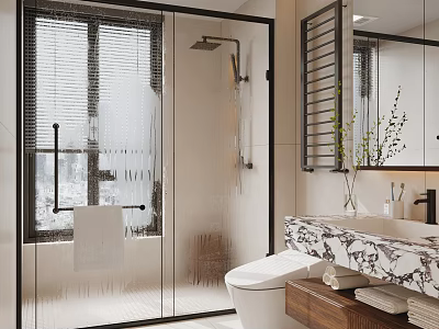 Modern Bathroom Interior Design With Glass Shower Enclosure Toilet Marble Vanity And Decorative Plants 3d model