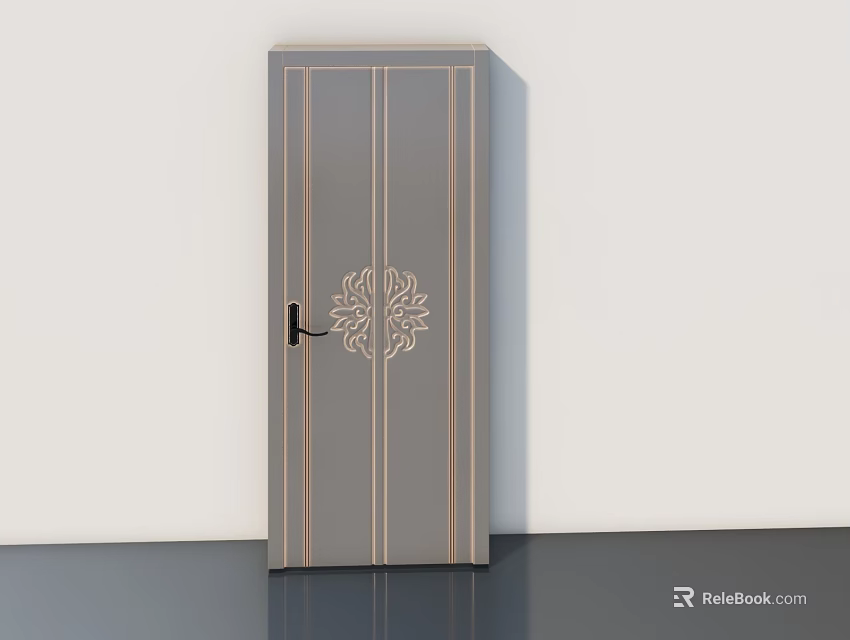 Modern Gray Swing Door With Intricate Carved Pattern And Black Handle 3d model