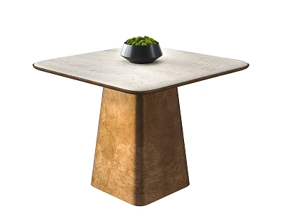 Modern Dining Table With Neutral Toned Tabletop And Brown Sculptural Base Featuring Black Planter With Green Plant 3d model
