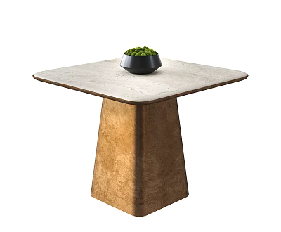 Modern Dining Table With Neutral Toned Tabletop And Brown Sculptural Base Featuring Black Planter With Green Plant 3d model