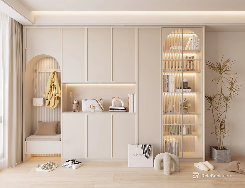Beige Built in Shoe Cabinet with Clothing Hanging Area Soft Lighting and Decorative Items 3d model 