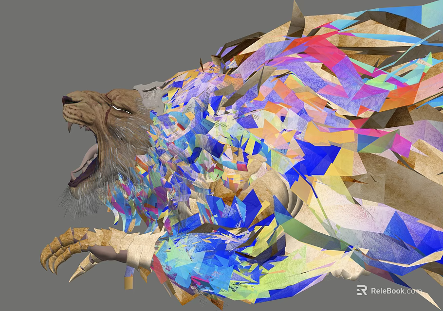 Game Movie Roaring Lion Character with Colorful Polygonal Fragments and Deconstructed Art Style 3d model 