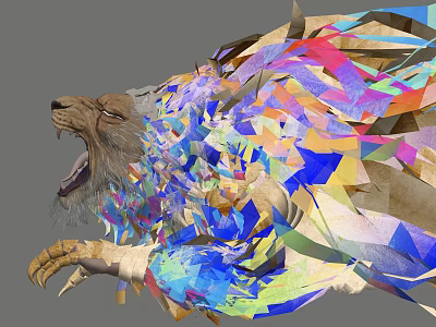 Game Movie Roaring Lion Character with Colorful Polygonal Fragments and Deconstructed Art Style 3d model