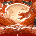 Traditional Chinese Red Background With Dragon Clouds Mountains And Standing Person In Decorations