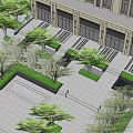 Residential Landscape with Tall Modern Buildings Green Trees Fountains and Lawn Walkways