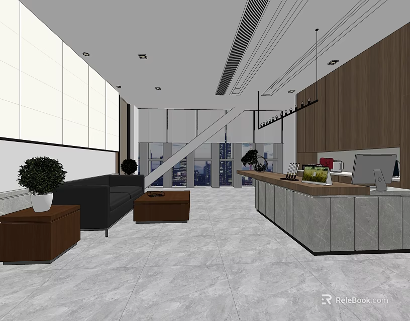 Modern Reception Area With Front Desk Sofa Plants Large Windows And Coffee Tables 3d model 
