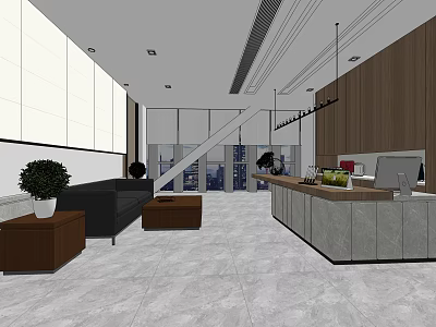 Modern Reception Area With Front Desk Sofa Plants Large Windows And Coffee Tables 3d model