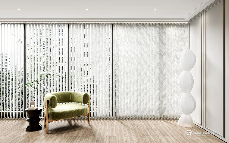 Modern Curtains In Living Room With Green Chair Floor Lamp And Wooden Floor 3d model 