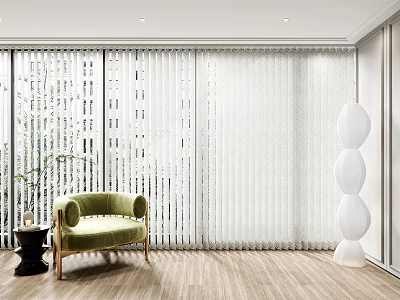 Modern Curtains In Living Room With Green Chair Floor Lamp And Wooden Floor 3d model