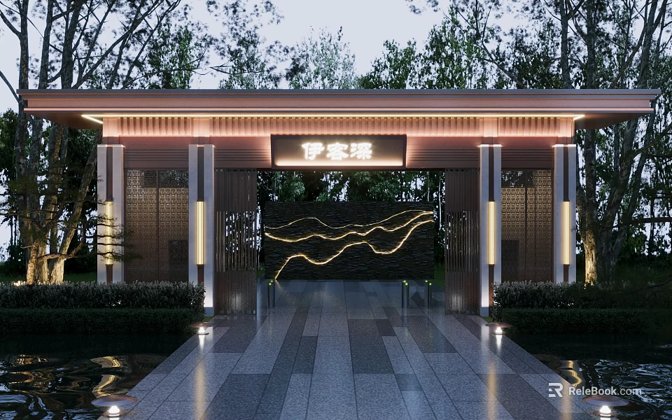 Chinese Style Entrance Gate Design With Stone Structure Wave Patterned Wall And Landscaped Greenery 3d model 