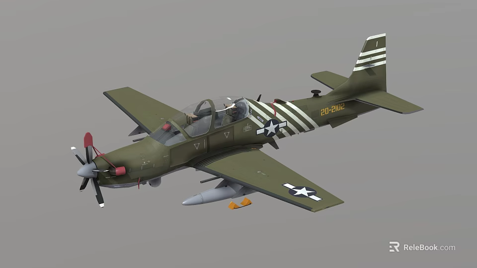 Green Propeller Driven Fighter Aircraft With Stars On Wings Striped Tail And Bombs 3d model 