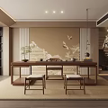 Traditional Tea Room Interior With Crane Pattern Wall Tea Table And Wooden Stools