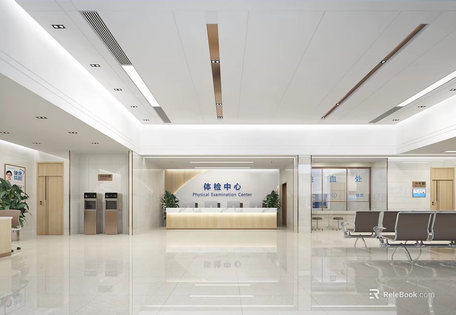 Modern Spacious Health Checkup Center Interior With Reception Desk And Waiting Chairs 3d model 