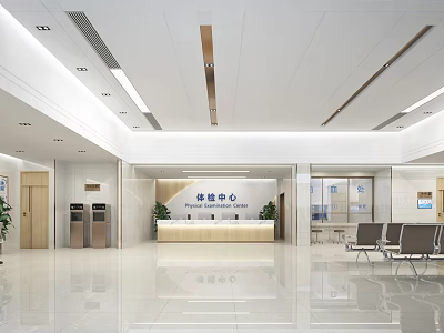 Modern Spacious Health Checkup Center Interior With Reception Desk And Waiting Chairs 3d model