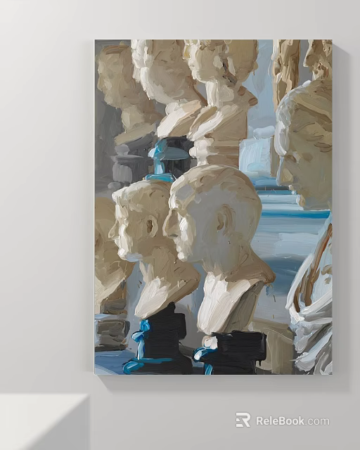 Abstract Painting Featuring Classical Sculptural Busts With Artistic Brushstrokes and Colorful Composition 3d model 