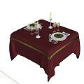 Stylish Tea Table Decorated With Red Tablecloth Orange Stripe Tableware And Candle Holders 3d model
