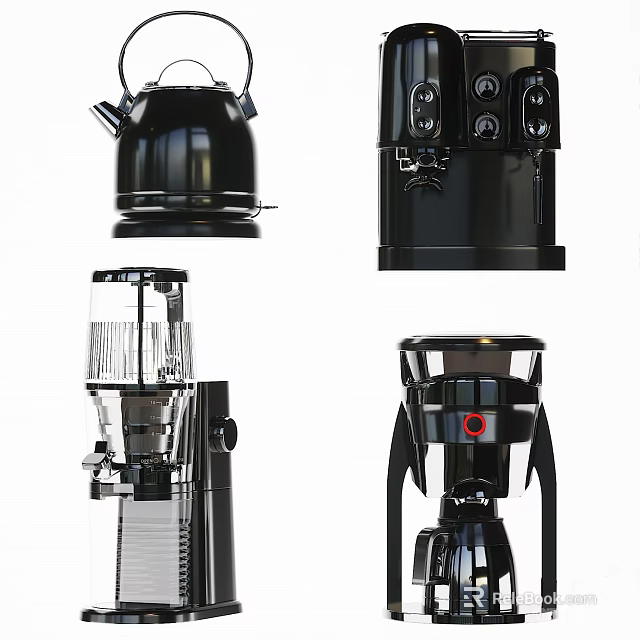 Black Kitchen Appliances Including Kettle Coffee Maker Blender For Modern Home 3d model 