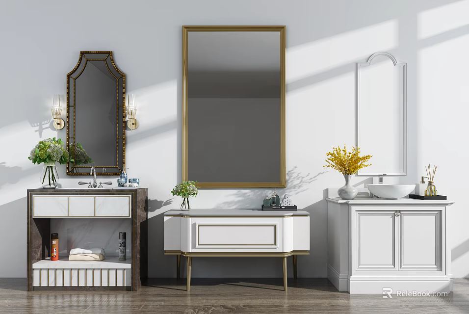 Elegant Bathroom Vanities With Gold Framed Mirrors Marble Countertops And Decorative Plants 3d model 