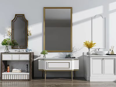 Elegant Bathroom Vanities With Gold Framed Mirrors Marble Countertops And Decorative Plants 3d model