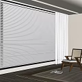 White Venetian Blinds On Large Window With Sheer Curtains And Wooden Chair In Modern Room