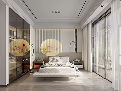Modern Bedroom Interior Design With Glass Wardrobe Large Windows Platform Bed And Ceiling Lights 3d model