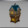 Cartoon Style Two Story House Building With Blue Roof Lit Arched Windows And Chimney