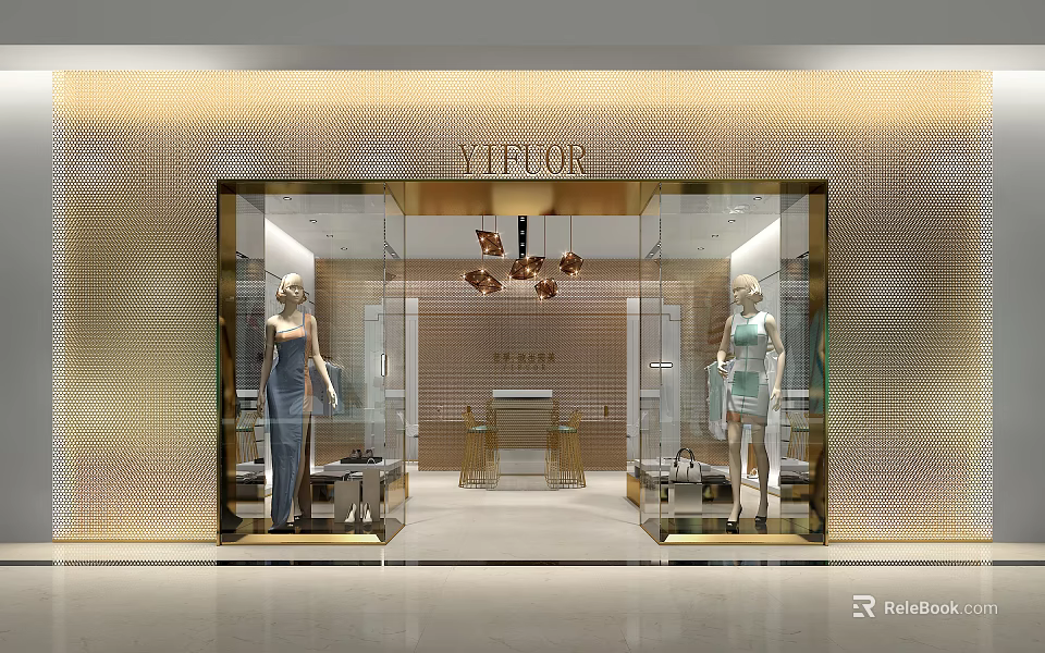 Elegant Clothing Store Interior With Mannequins Hanging Lights And Display Shelves 3d model 