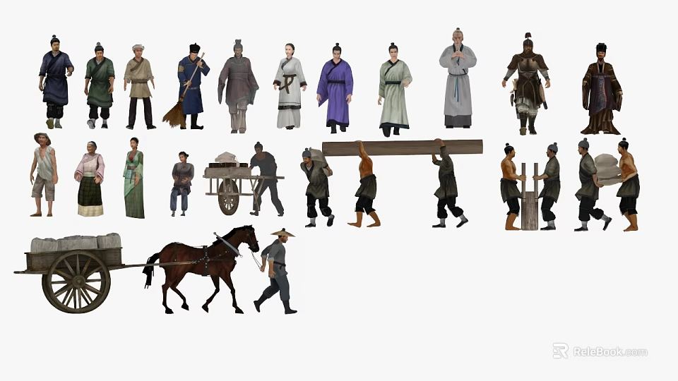 Game Movie Characters Featuring Ancient Figures in Traditional Costumes with Horse Cart and Labor Scenes 3d model 