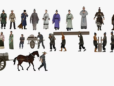 Game Movie Characters Featuring Ancient Figures in Traditional Costumes with Horse Cart and Labor Scenes 3d model