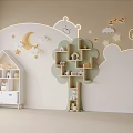 Tree Shaped Decorative Cabinet In Kids Room With Small Toys And Stars