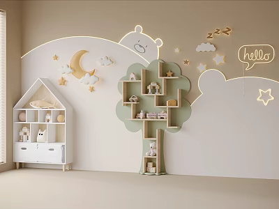 Tree Shaped Decorative Cabinet In Kids Room With Small Toys And Stars 3d model