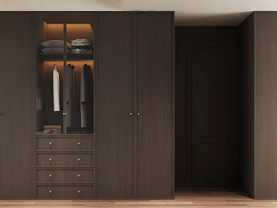 Modern Dark Wood Wardrobe Interior Design With Open Shelves Hanging Clothes And Drawers 3d model